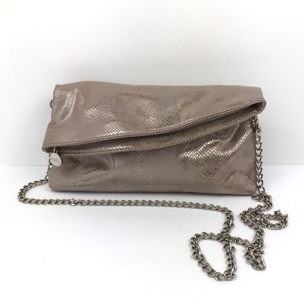 MARK. Snakeskin-look Metallic Slouch Clutch Bag Crossbody Silver Chain Strap